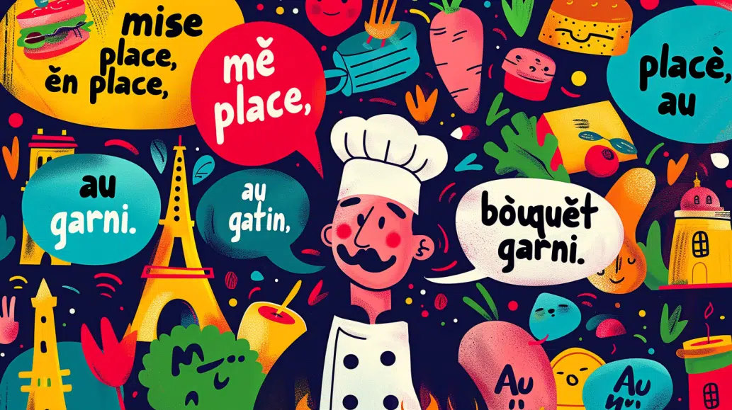 A vibrant, colorful illustration featuring a chef in a traditional French toque hat surrounded by speech bubbles containing common French culinary phrases A vibrant, colorful illustration featuring a chef in a traditional French toque hat surrounded by speech bubbles containing common French culinary phrases