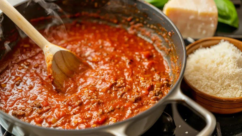 bubbling pot of ragù sauce on a stovetop bubbling pot of ragù sauce on a stovetop
