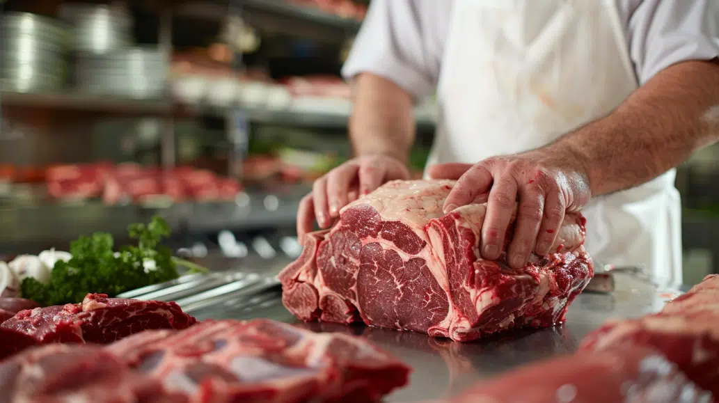 butcher standing with raw prime rib roast butcher standing with raw prime rib roast