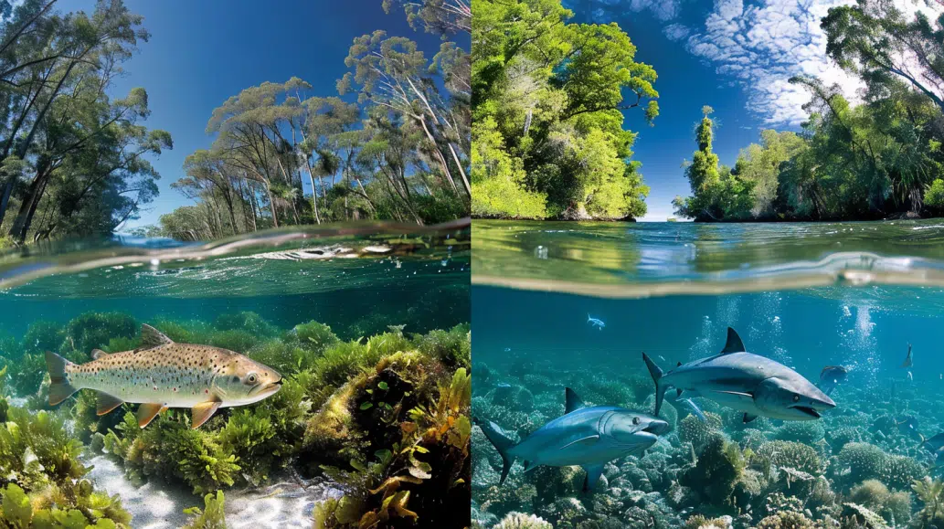 serene freshwater river environment and a bustling saltwater oceanic scene serene freshwater river environment and a bustling saltwater oceanic scene