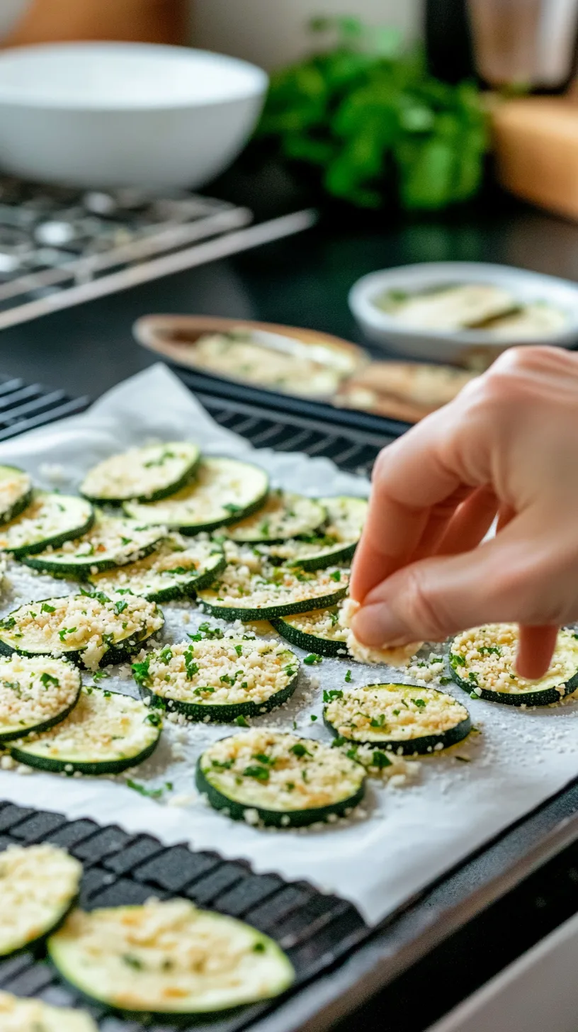 coating thin zucchini slices in breadcrumb-Parmesan mixture