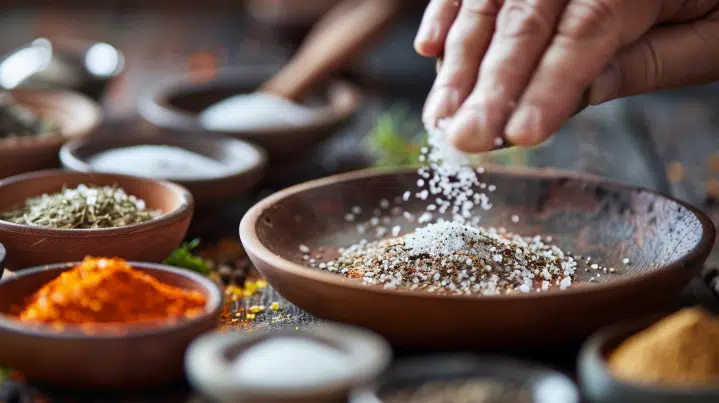 cook's hand sprinkling a pinch of kosher salt over a dish cook's hand sprinkling a pinch of kosher salt over a dish
