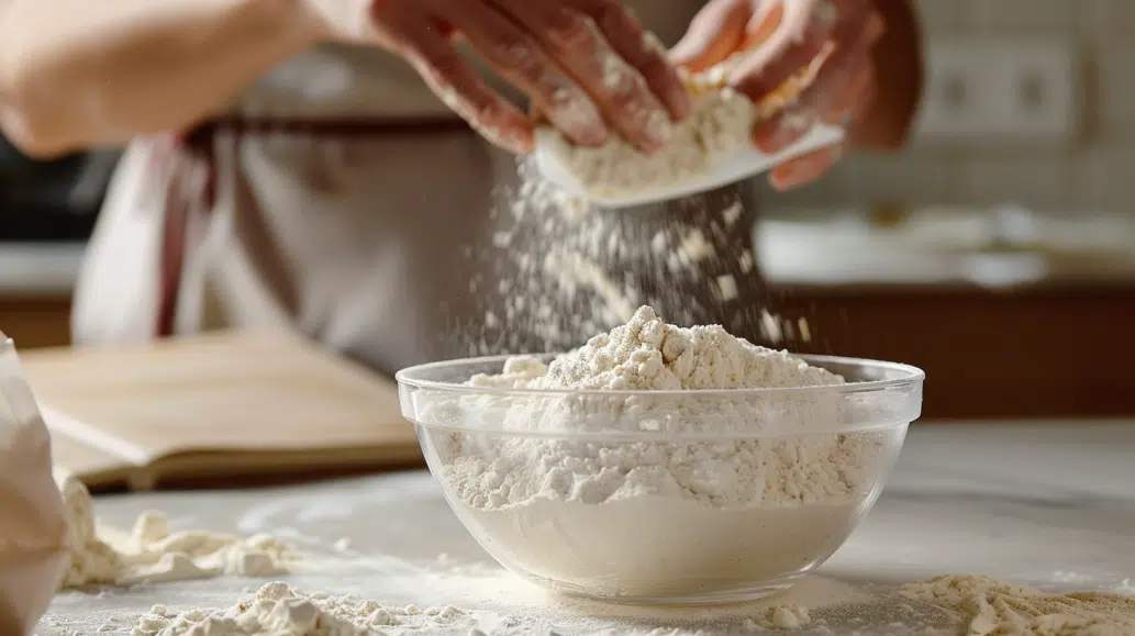 dip-and-sweep method with a dry measuring cup filled with flour dip-and-sweep method with a dry measuring cup filled with flour