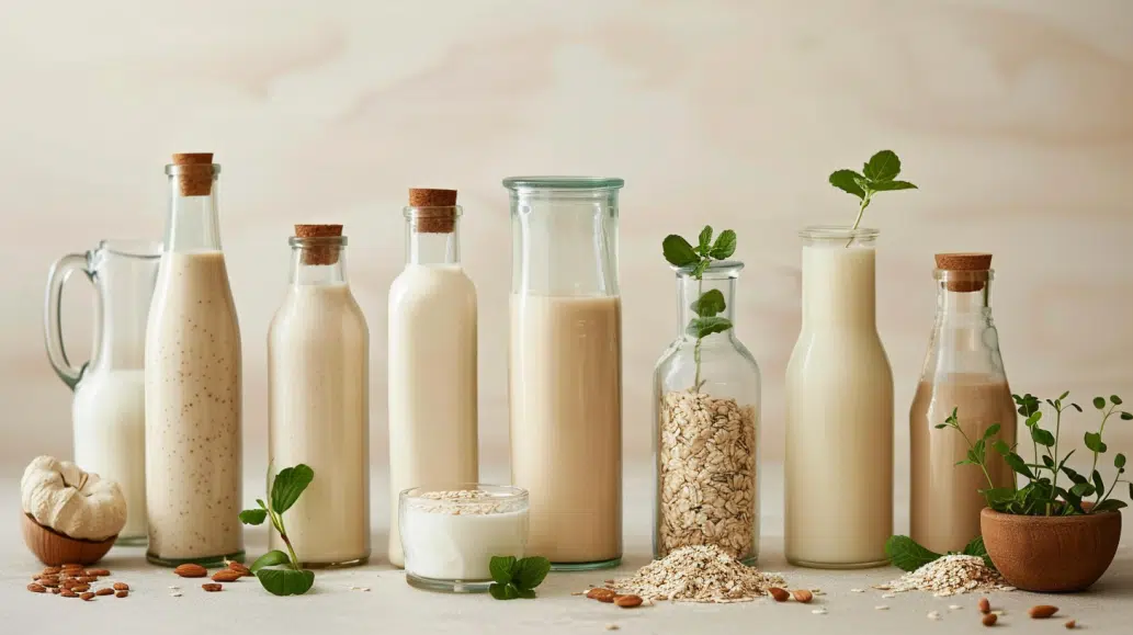 plant-based milks in elegant glass bottles plant-based milks in elegant glass bottles
