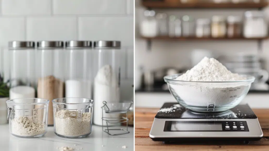 side by side measurements of flour with a scale and cups side by side measurements of flour with a scale and cups