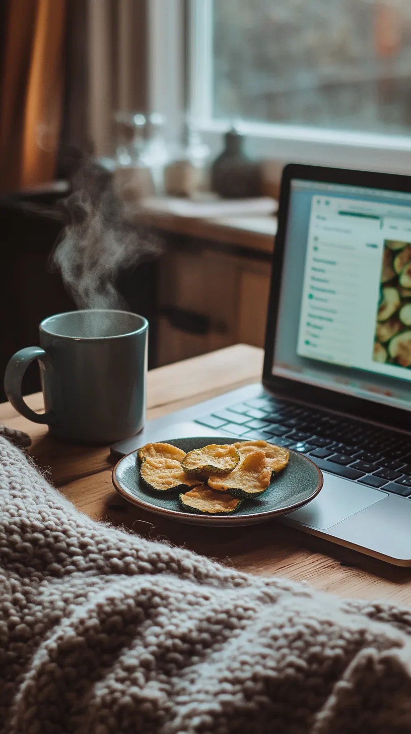 small plate of half-eaten zucchini chips, laptop open to the Simply Cooking Recipes site