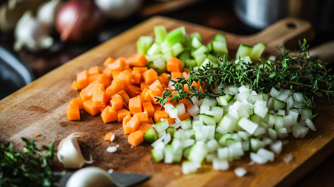 Mirepoix and thyme prepped for braising