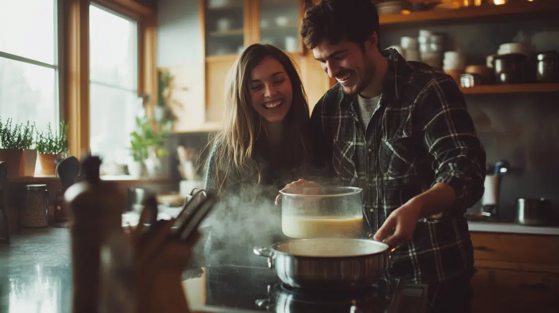 a couple making custard with a double boiler