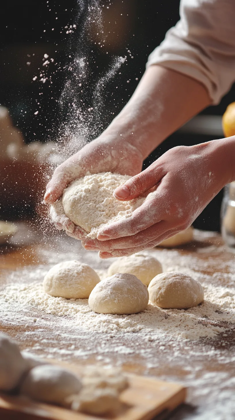 hands mixing flour and yeast, kneading soft dough on floured surface