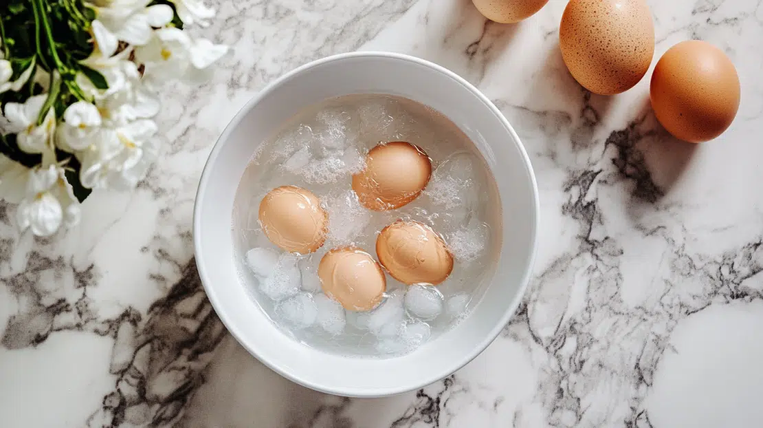 hard boiled eggs cooling in an ice bath