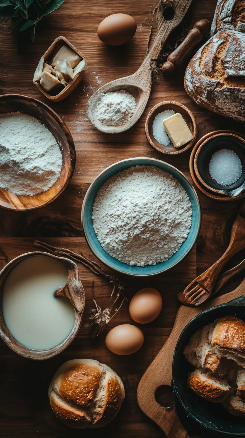 ingredients for homemade dinner rolls on a wooden countertop
