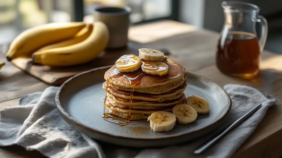 plated banana pancakes in the morning