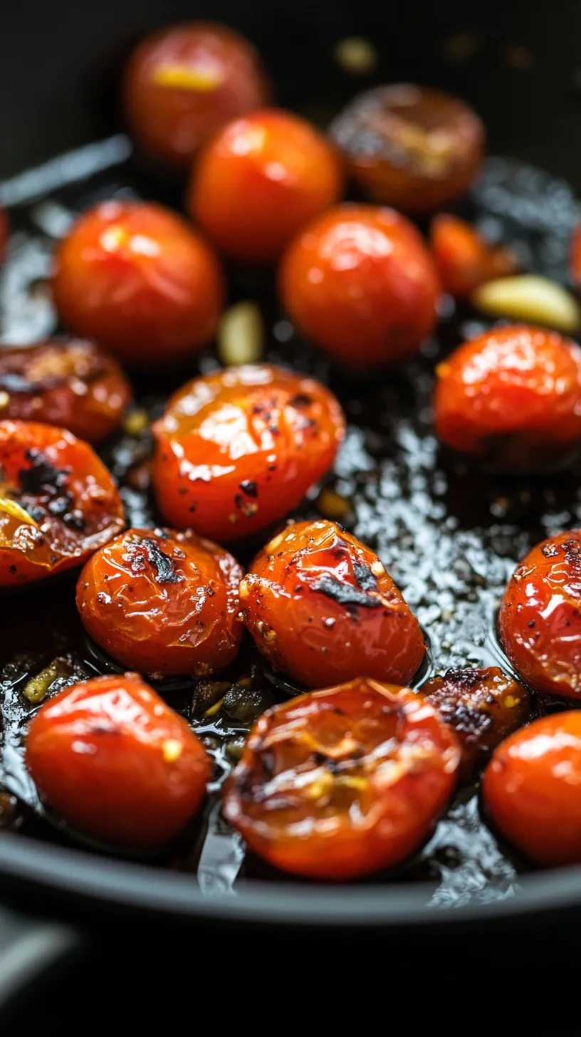 blistered cherry tomatoes in a black skillet