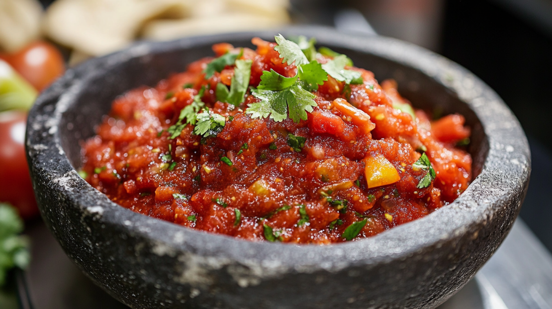 freshly made salsa in a molcajete
