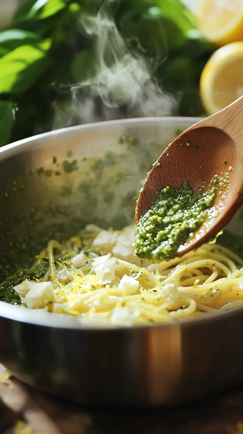 lemon pesto being mixed into hot pasta in a stainless steel bowl