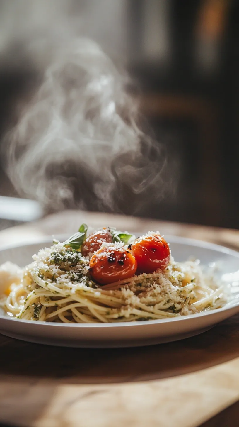 lemon pesto pasta on a white ceramic plate