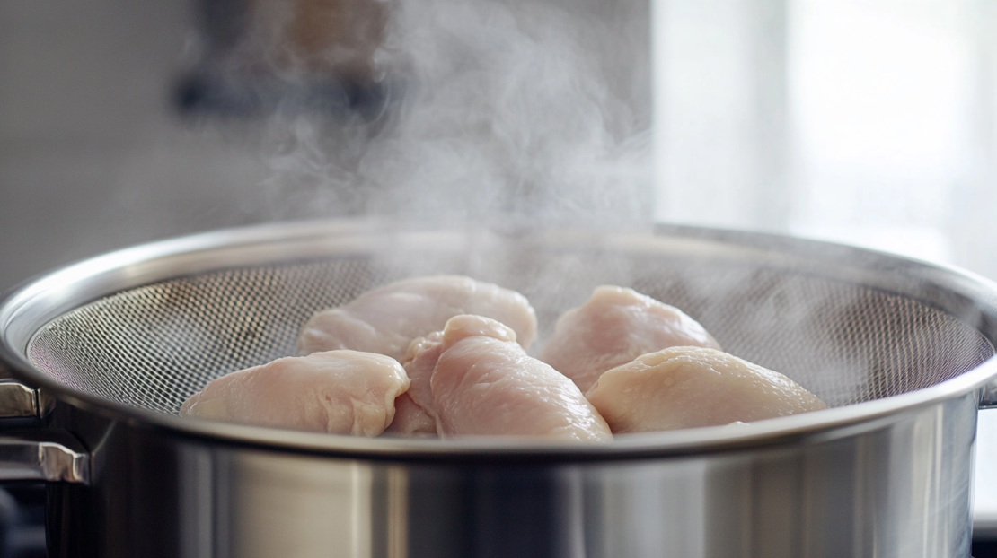 steaming chicken using a strainer and a pot