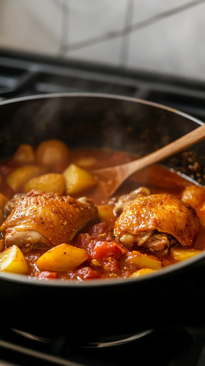 Indian chicken stew mid-cooking in a Dutch oven