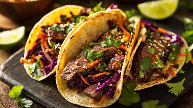 Korean bbq beef taco platter with spicy kimchi slaw
