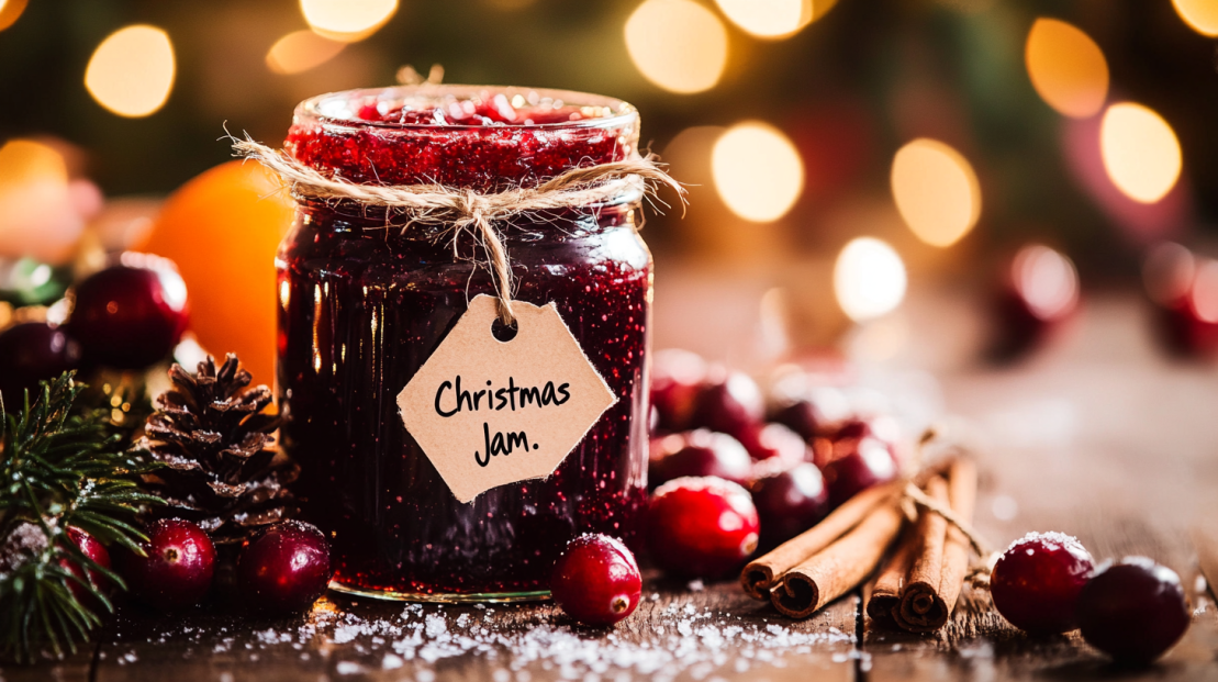 a glass jar filled with homemade Christmas jam