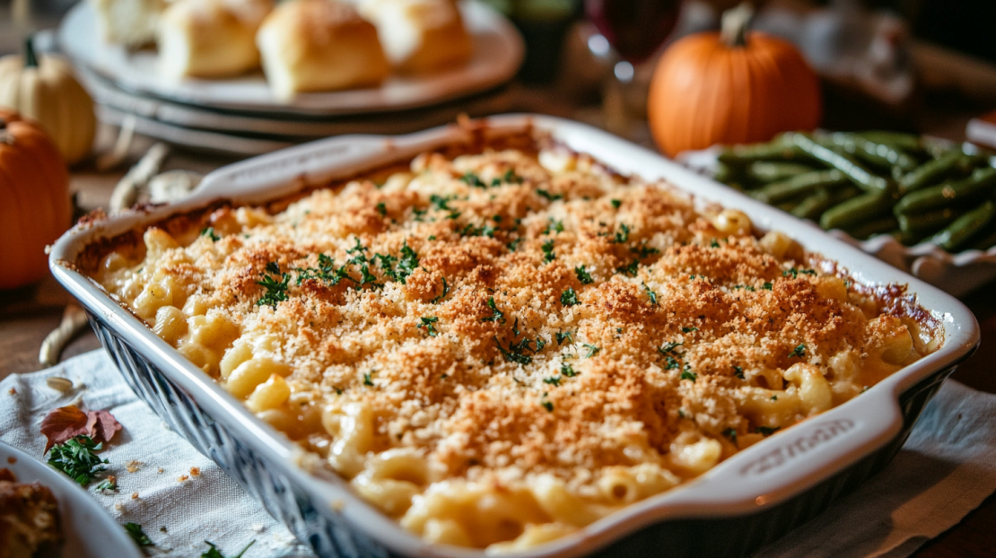beautiful thanksgiving mac and cheese on display for the holiday meal