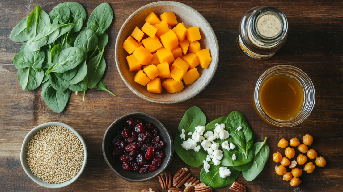 butternut squash, quinoa, cranberries, chickpeas, spinach, pecans, dressing ingredients for quinoa salad