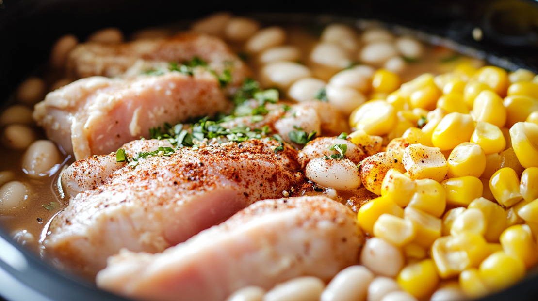 chicken, corn and white beans in a crockpot ready to be cooked into chili
