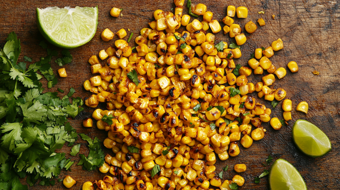 close up of fire roasted corn with limes and cilantro