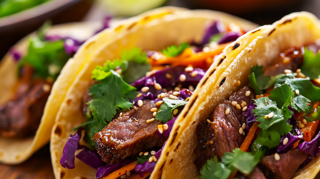 close up shot of korean bbq beef tacos