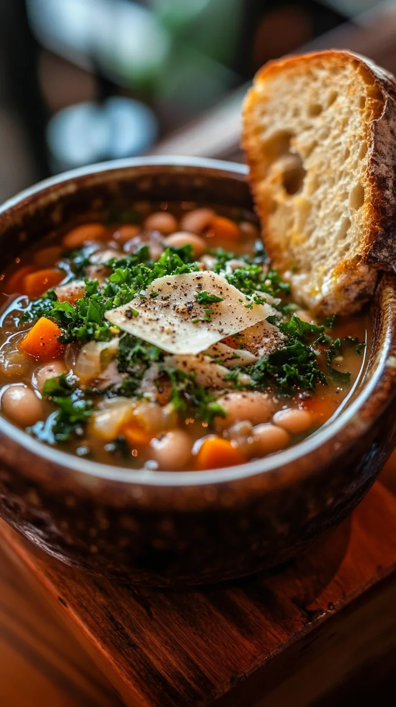 hearty Tuscan white bean soup served in a wide, hand-thrown rustic ceramic bowl