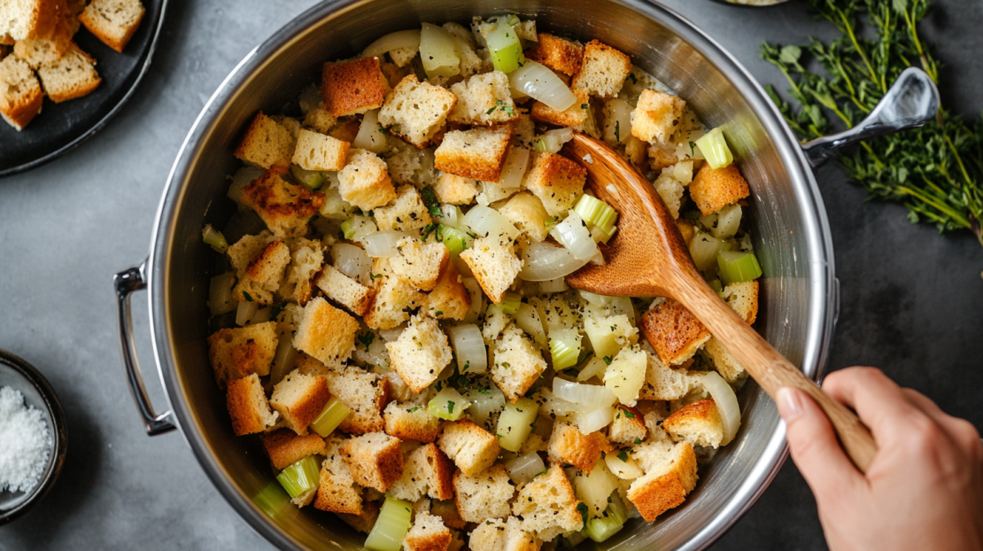large stainless steel mixing bowl filled with seasoned bread cubes, sautéed celery, and onions