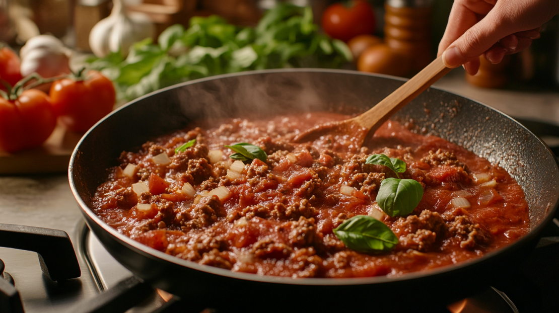 making the marinara for the baked ziti