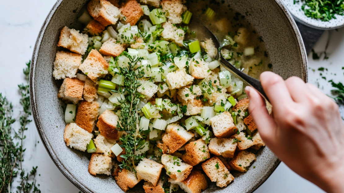 mixing the dried bread and sautéed vegetables together for the stuffing