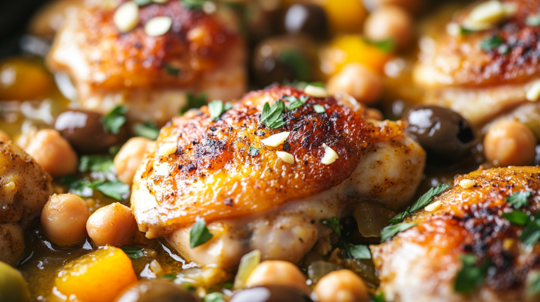morrocan chicken with chickpeas, raisins, apricots in a savory spiced sauce