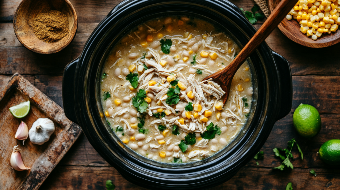 overhead shot of a crockpot filled with delicious white chicken chili