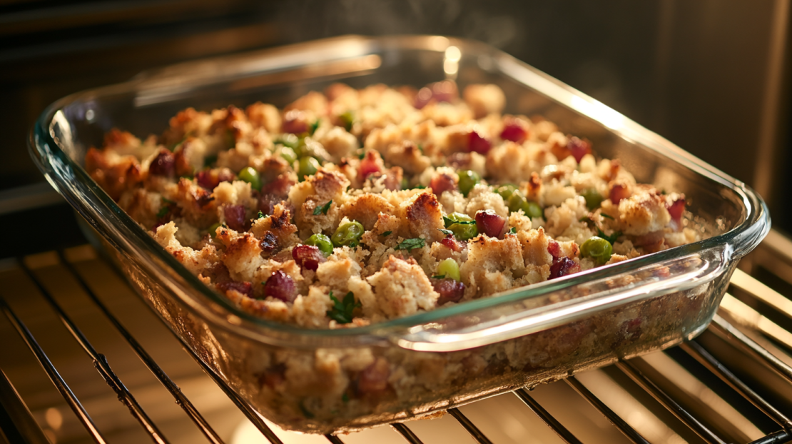 perfectly baked dressing coming out of the oven