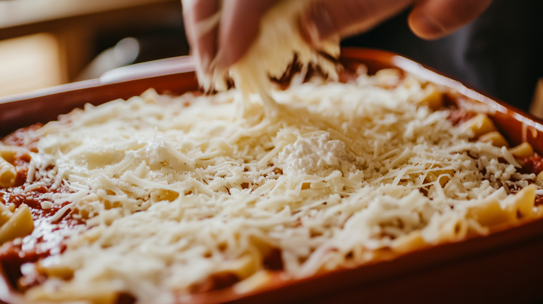 putting cheese on top of the baked ziti