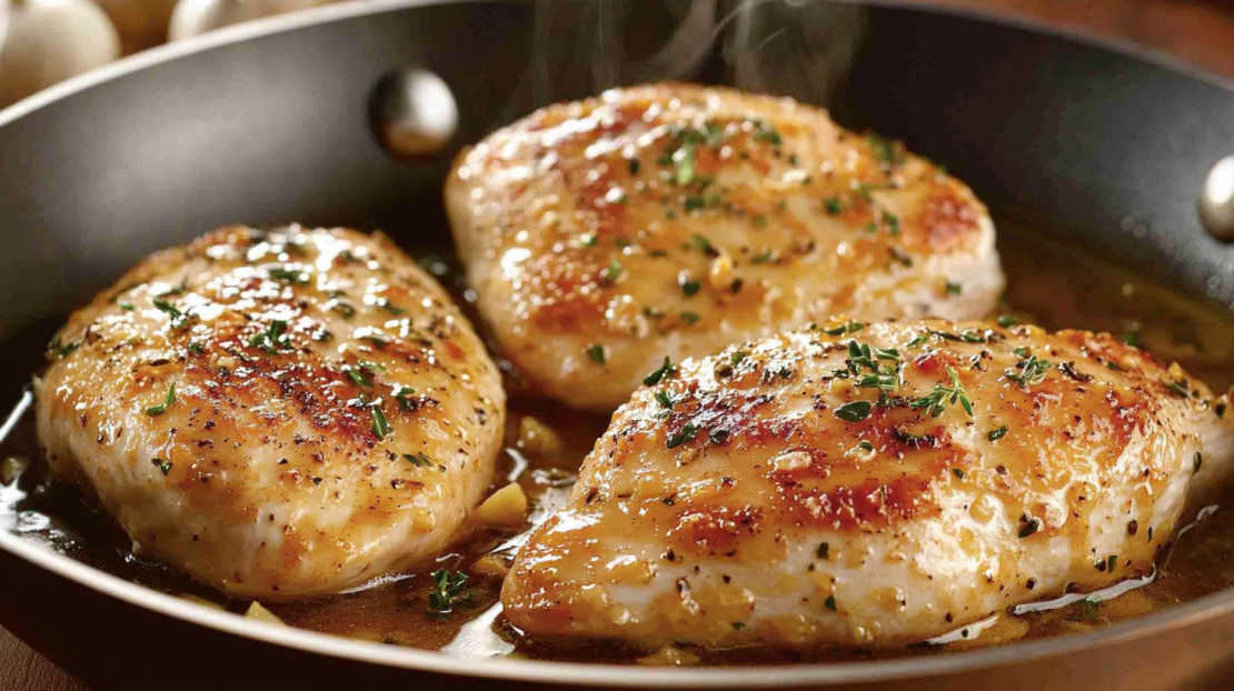 searing the garlic chicken in a pan getting ready to add the other ingredients to make the cream sauce