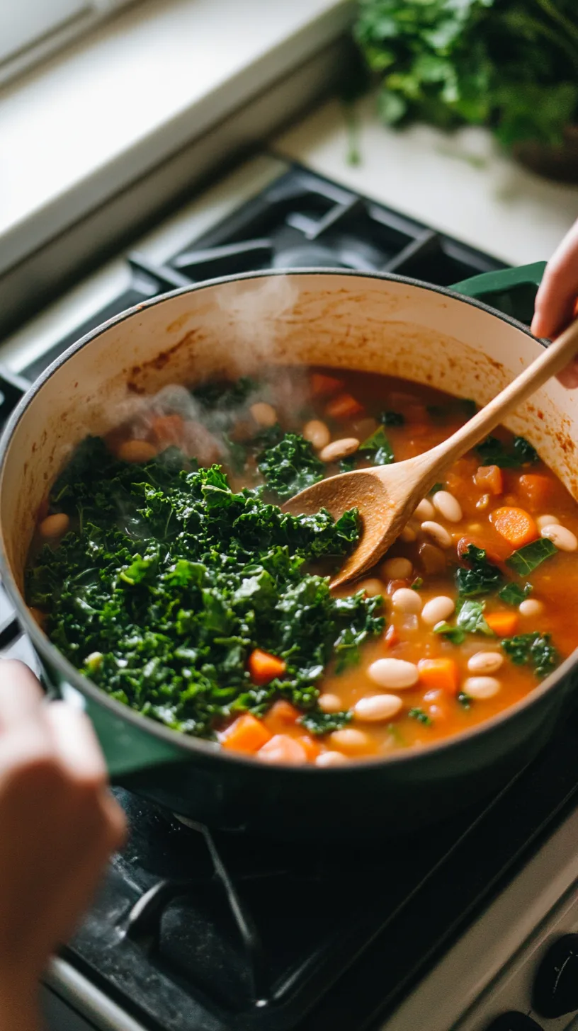 stirring chopped kale into a simmering pot of Tuscan white bean soup
