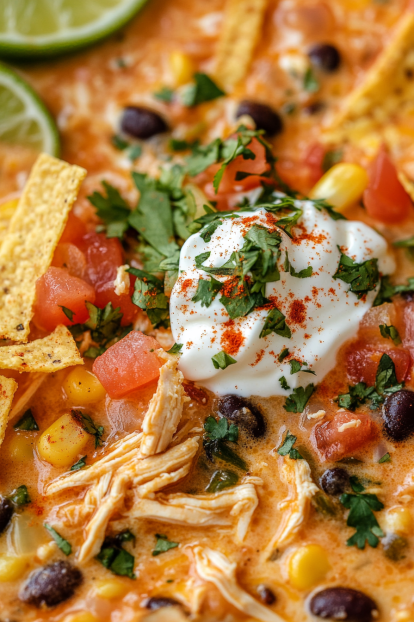 thick, creamy, and vibrant chicken enchilada soup featuring tender shredded chicken, black beans, corn, diced tomatoes, and smoky roasted poblano peppers