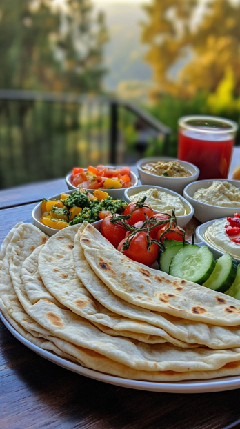 A platter of lavash bread arranged in soft folds, surrounded by small dishes of hummus, baba ghanoush, tzatziki, and sliced fresh vegetables