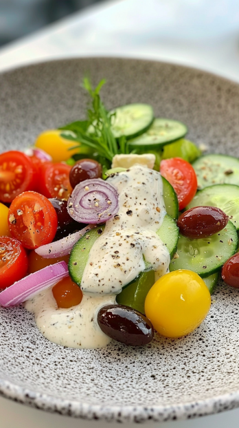 A vibrant Greek salad topped with a drizzle of tzatziki-inspired dressing