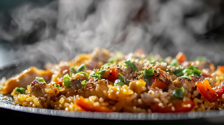 Arroz Chaufa served on a matte black ceramic plate