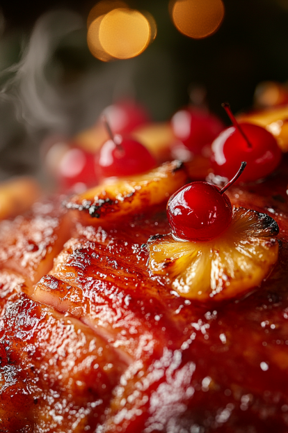 Christmas ham glistening with a caramelized brown sugar and pineapple glaze
