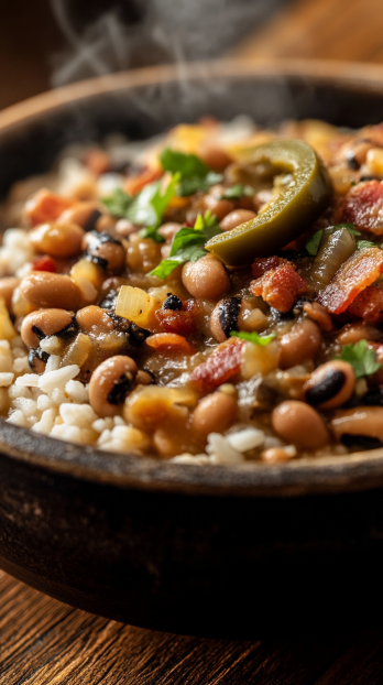Hoppin’ John, bursting with smoky bacon, tender black-eyed peas, roasted poblano pepper pieces, and fluffy white rice
