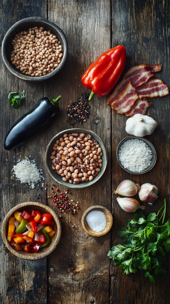 Hoppin’ John ingredients on a rustic wooden surface