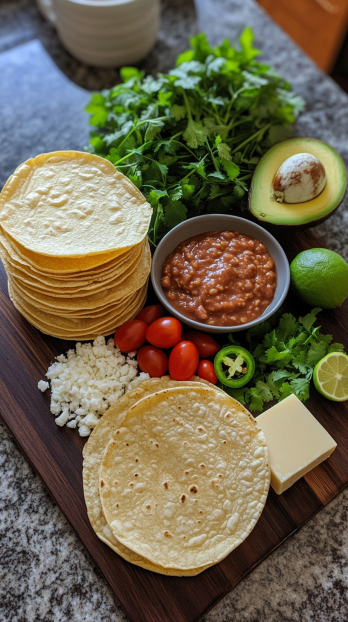 Huevos Rancheros ingredients arranged neatly on a dark wooden board