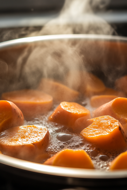 Japanese sweet potatoes steaming in a pot of gently bubbling water