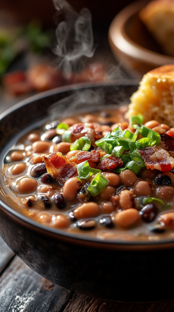 a bowl brimming with black-eyed peas, bits of bacon scattered on top, vibrant green onion garnish, side of flaky cornbread in the corner