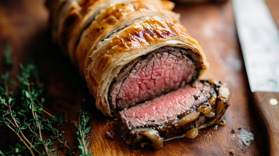 beef wellington being sliced for service